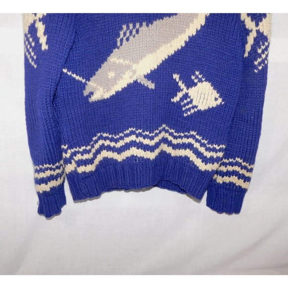 Vintage 50s 60s Cowichan cardigan Blue Whale Fish Wool Full Zip Sweater Jacket M - Picture 6 of 11